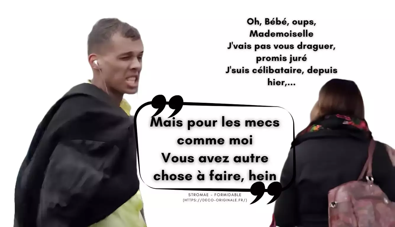 Stromae - Formidable - texte : Oh, Bébé, oups, Mademoiselle J'vais pas vous draguer, promis juré J'suis célibataire, depuis hier,... Mais pour les mecs comme moi Vous avez autre chose à faire, hein