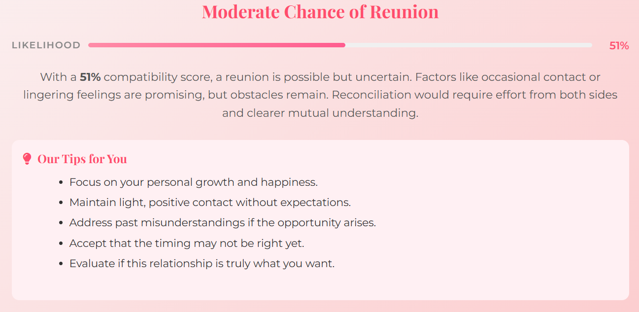 Will My Ex Come Back? 10-question psychological quiz analyzes your answers to estimate the chances of reconciliation with your ex, offering personalized tips