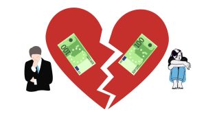 A sad couple, separated by financial problems. The 5 fatal financial mistakes that turn love into a battlefield, and how to avoid them to build a lasting relationship.