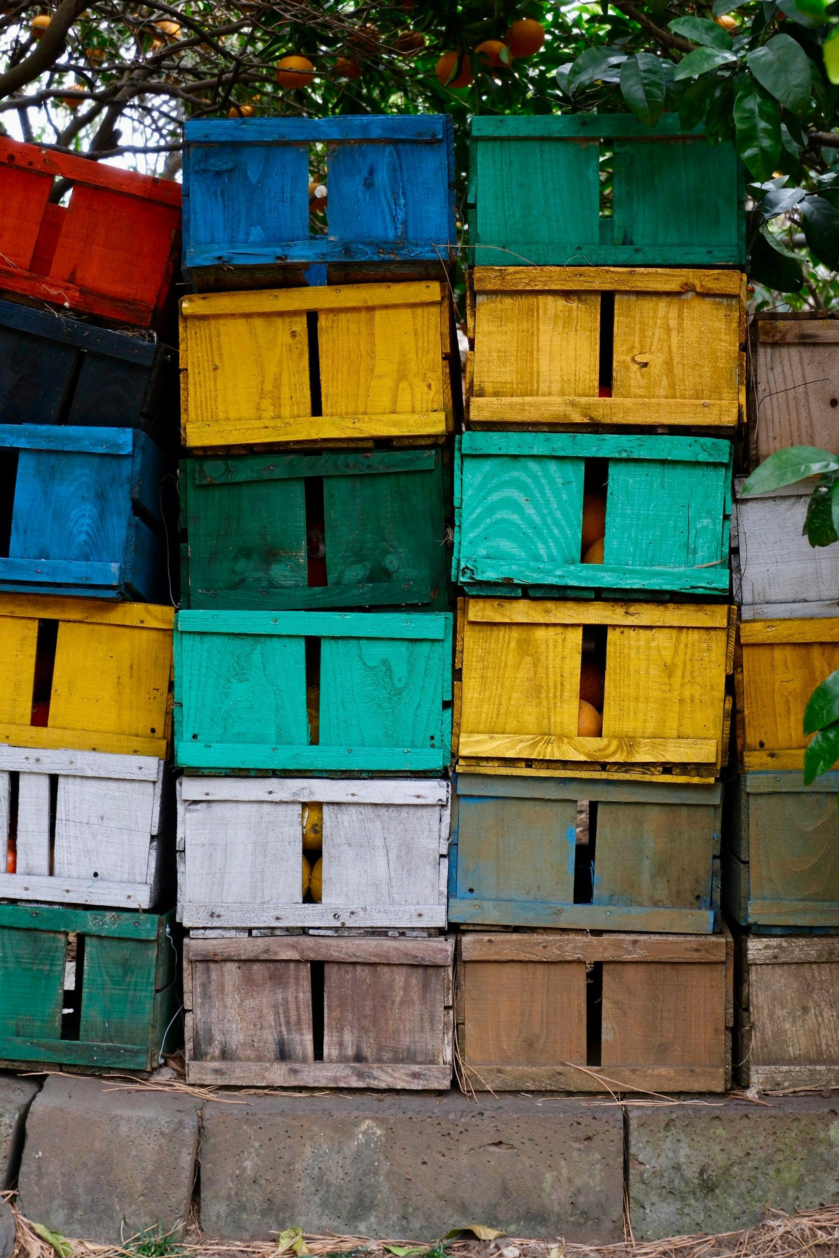 Cageots en plastique colorés empilés haut sous un ciel bleu dégagé, formant un motif vif.