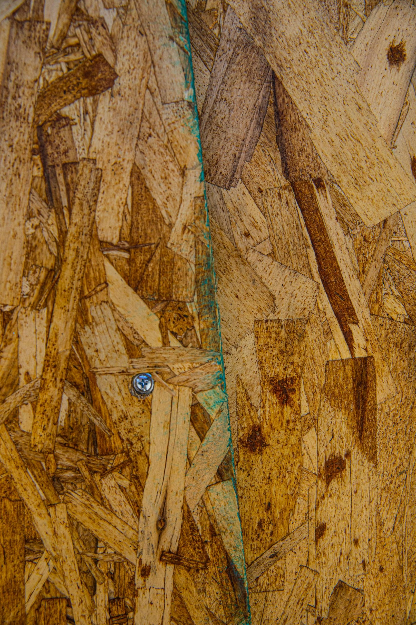 Texturé gros plan d'un panneau de particules de bois brut avec détail de vis visible.