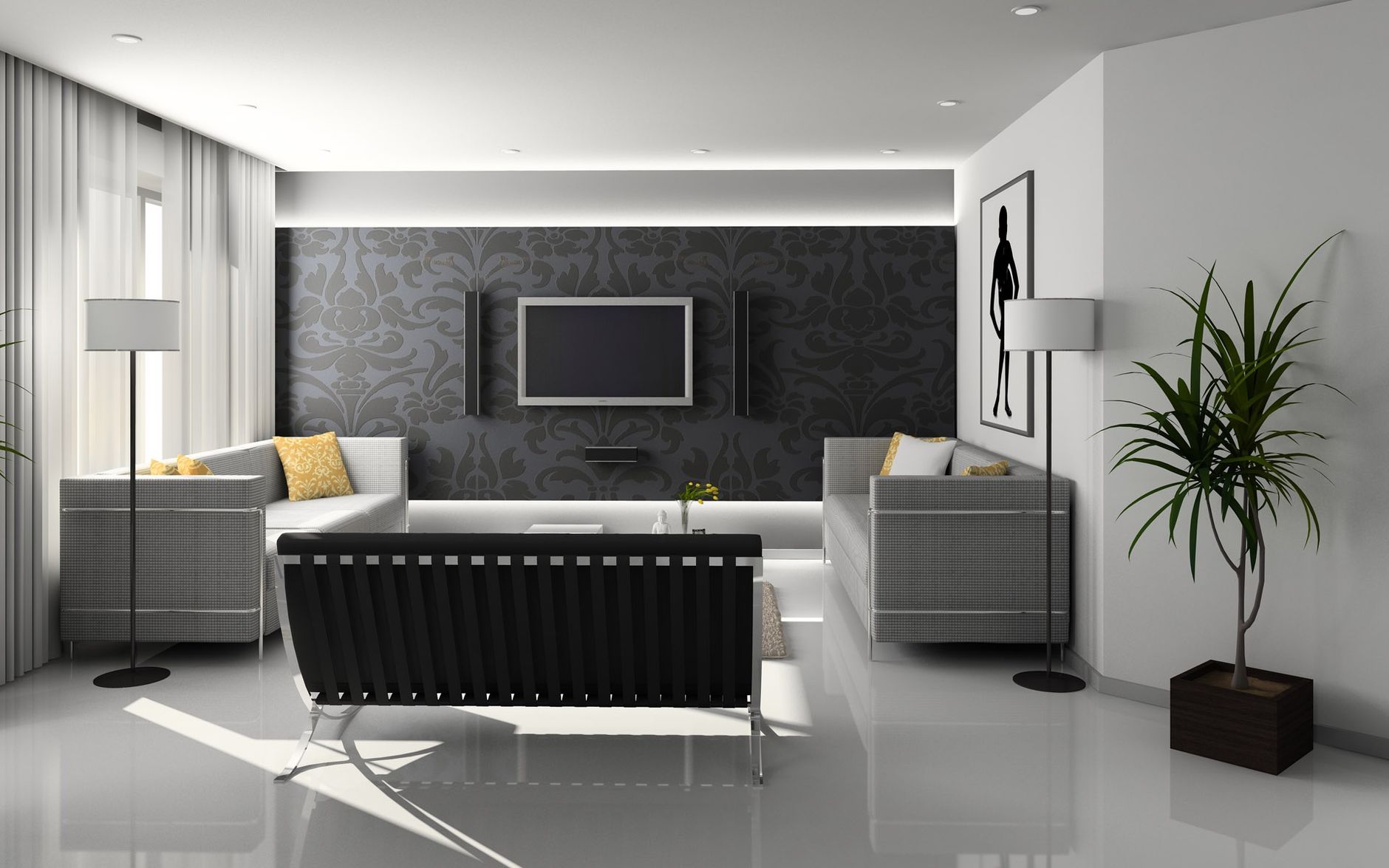 Salon moderne aux murs sobres et décor minimaliste